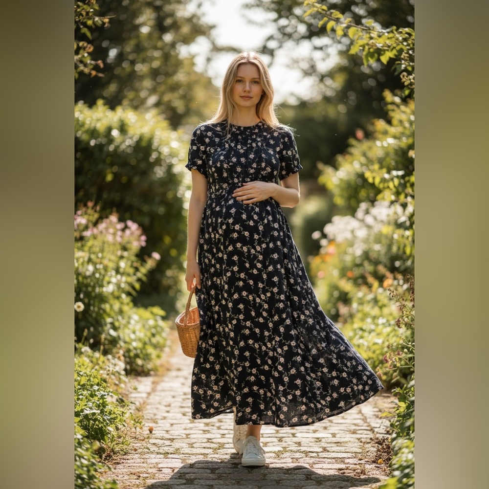 Maternity Floral Navy Maxi Dress